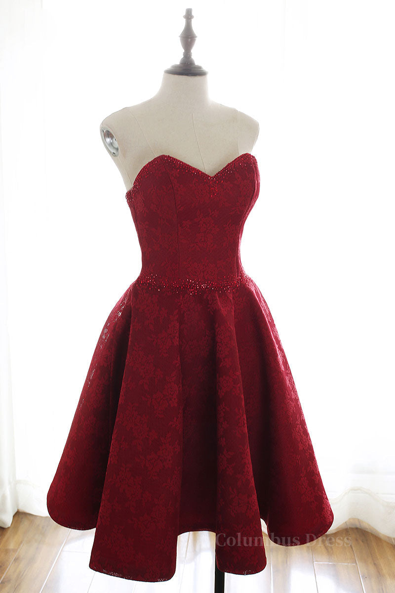 Homecomeing Dresses Vintage, Burgundy sweetheart lace short prom dress burgundy homecoming dress