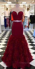 Evening Dress With Sleeve, Burgundy sweetheart mermaid long prom dress, burgundy evening dress
