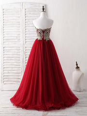 Bridesmaid Dress Burgundy, Burgundy Sweetheart Neck Lace Applique Tulle Long Prom Dresses