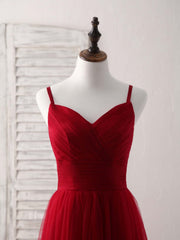 Party Dress Red Colour, Burgundy Sweetheart Neck Tulle High Low Prom Dress, Burgundy Formal Dress