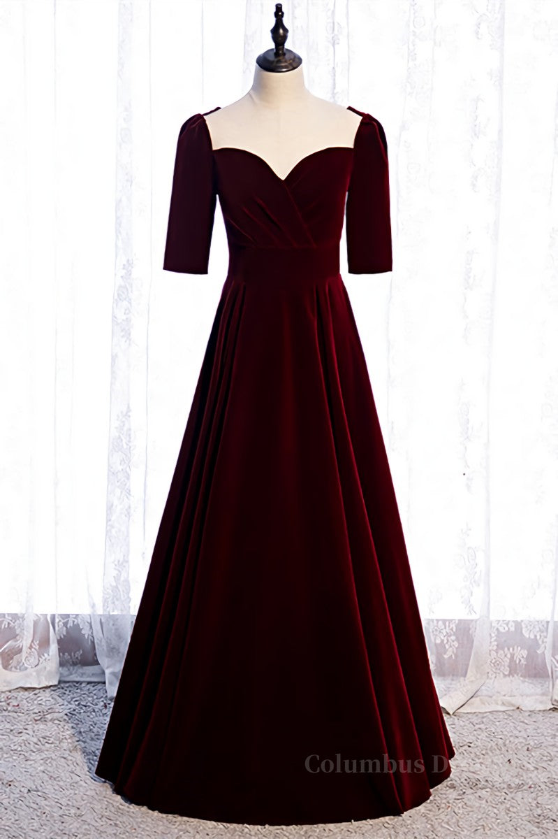 Long Dress Design, Burgundy Sweetheart Sleeves Pleated Velvet Lace-Up Maxi Formal Dress