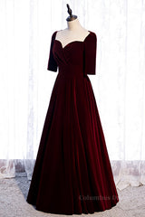 Homecoming Dresses Long, Burgundy Sweetheart Sleeves Pleated Velvet Lace-Up Maxi Formal Dress