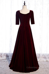 Homecoming Dress Short, Burgundy Sweetheart Sleeves Pleated Velvet Lace-Up Maxi Formal Dress