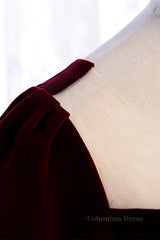 Homecoming Dresses Short, Burgundy Sweetheart Sleeves Pleated Velvet Lace-Up Maxi Formal Dress