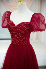 Sequin Dress, Burgundy Tulle Beaded Long Prom Dress, A-Line Short Sleeve Evening Dress
