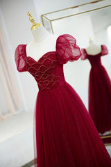 Wedding Pictures, Burgundy Tulle Beaded Long Prom Dress, A-Line Short Sleeve Evening Dress