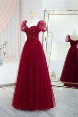 Country Wedding Dress, Burgundy Tulle Beaded Long Prom Dress, A-Line Short Sleeve Evening Dress