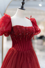 Party Dresses Online Shopping, Burgundy Tulle Beaded Long Prom Dress, A-Line Short Sleeve Formal Dress