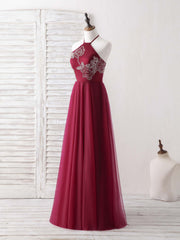 Bridesmaid Dress With Sleeve, Burgundy Tulle Beads Long Prom Dress Burgundy Evening Dress