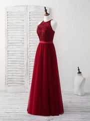 Party Dresses Online Shopping, Burgundy Tulle Lace Long Prom Dress, Burgundy Bridesmaid Dress