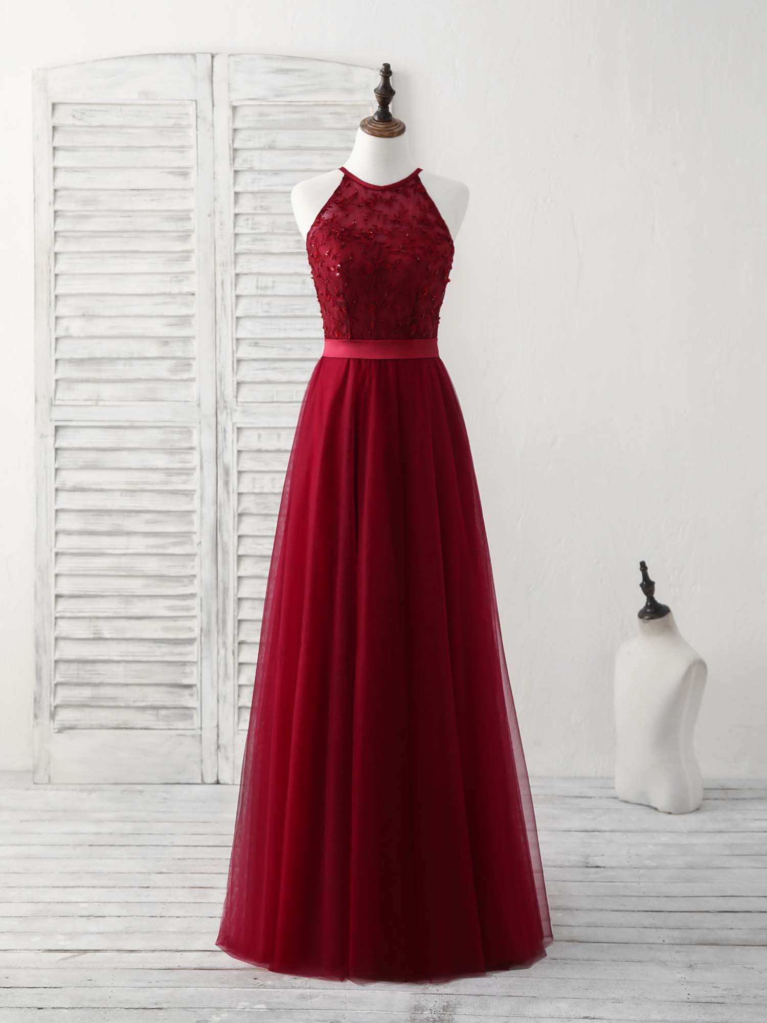 Party Dresses And Tops, Burgundy Tulle Lace Long Prom Dress, Burgundy Bridesmaid Dress