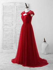 Wedding Color Palette, Burgundy Tulle Lace Long Prom Dress Burgundy Evening Dress