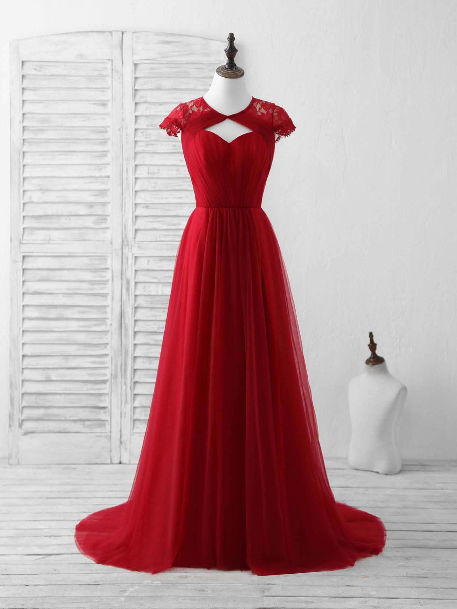 Mermaid Dress, Burgundy Tulle Lace Long Prom Dress Burgundy Evening Dress