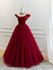 Prom Dress Sites, Burgundy tulle lace long prom dress, burgundy tulle evening dress