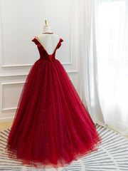 Prom Dresses Affordable, Burgundy tulle lace long prom dress, burgundy tulle evening dress