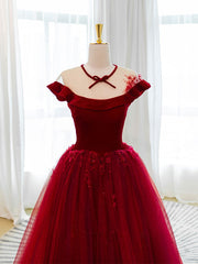 Prom Dress Affordable, Burgundy tulle lace long prom dress, burgundy tulle evening dress