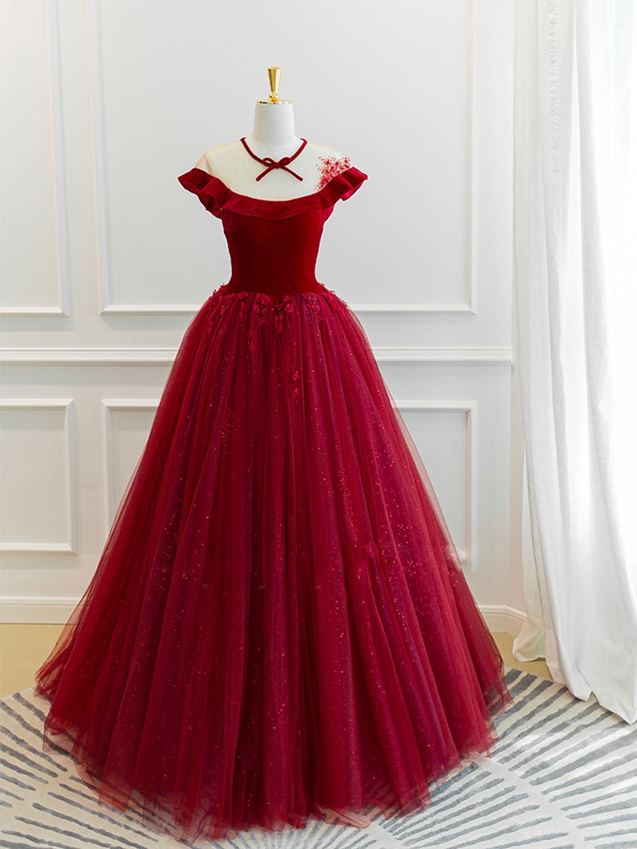 Prom Dresses Sites, Burgundy tulle lace long prom dress, burgundy tulle evening dress