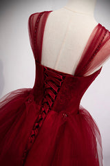 Prom Dress 2023, Burgundy Tulle Long A-Line Evening Dress, Off the Shoulder Formal Party Dress