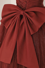 Bridesmaids Dresses Burgundy, Burgundy Tulle Long A-Line Prom Dress, Cute Short Sleeve Evening Dress