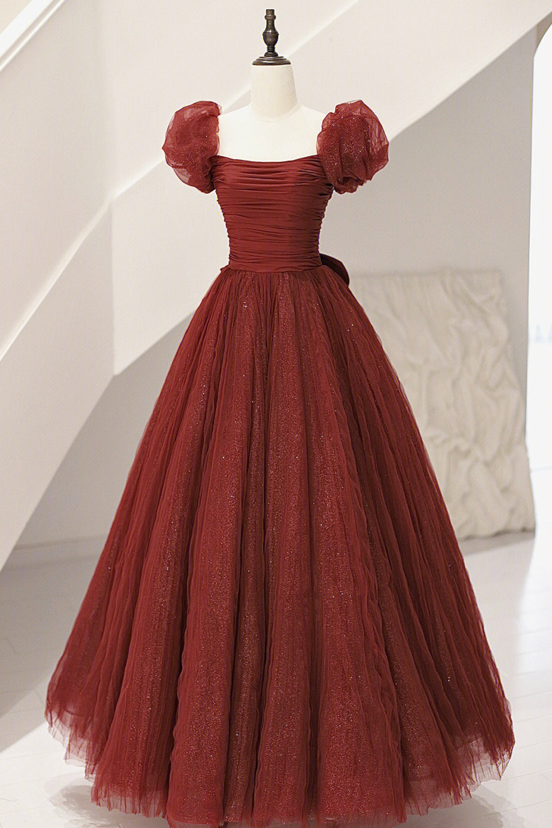 Wedding Ideas, Burgundy Tulle Long A-Line Prom Dress, Cute Short Sleeve Evening Dress