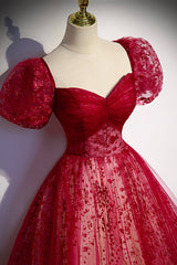 Evening Dress 1929, Burgundy Tulle Long Prom Dress with Sequins, A-Line Short Sleeve Evening Dress