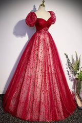 Evening Dress Modest, Burgundy Tulle Long Prom Dress with Sequins, A-Line Short Sleeve Evening Dress