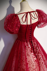 Evening Dress Long Sleeve Maxi, Burgundy Tulle Long Prom Dress with Sequins, A-Line Short Sleeve Evening Dress