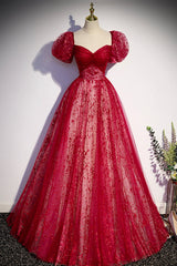 Evening Dress 1929S, Burgundy Tulle Long Prom Dress with Sequins, A-Line Short Sleeve Evening Dress