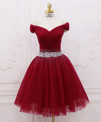 Prom Dress Sweetheart, Burgundy Tulle Sequin Short Prom Dress, Burgundy Homecoming Dress
