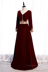 Evening Dresses Mermaid, Burgundy V Neck Long Sleeves Embroidery Velvet Maxi Formal Dress with Button