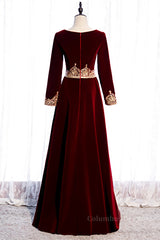 Evening Dress Lace, Burgundy V Neck Long Sleeves Embroidery Velvet Maxi Formal Dress with Button