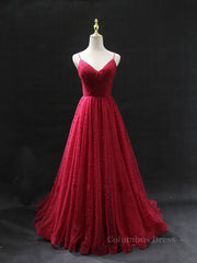 Prom Dresses Ball Gowns, Burgundy v  neck tulle long prom dress, burgundy tulle formal dress