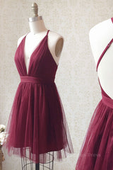 Homecoming Dress Red, Burgundy v neck tulle short prom dress burgundy homecoming dress
