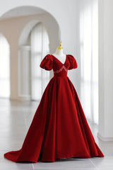 Party Dress Over 59, Burgundy V-Neck Velvet Long Formal Dress, A-Line Short Sleeve Evening Dress