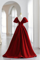 Party Dresses For Over 59S, Burgundy V-Neck Velvet Long Formal Dress, A-Line Short Sleeve Evening Dress