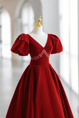 Party Dress Code Idea, Burgundy V-Neck Velvet Long Formal Dress, A-Line Short Sleeve Evening Dress