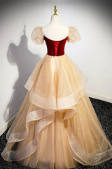 Prom Dress Navy, Burgundy Velvet Glitter Cascading Ruffles Prom Dress, Champagne Tulle Floor Length Evening Dress