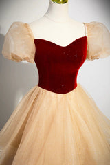 Prom Dress Blush, Burgundy Velvet Glitter Cascading Ruffles Prom Dress, Champagne Tulle Floor Length Evening Dress