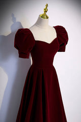 Formal Dresses Corset, Burgundy Velvet Long A-Line Prom Dress, Simple Short Sleeve Party Dress