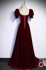 Formal Dress For Wedding Party, Burgundy Velvet Long A-Line Prom Dress, Simple Short Sleeve Party Dress