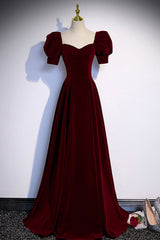 Formal Dresses Off The Shoulder, Burgundy Velvet Long A-Line Prom Dress, Simple Short Sleeve Party Dress