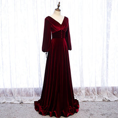 Prom Dresses Piece, Burgundy Velvet Long Sleeves A-line Prom Dress, Long Simple Bridesmaid Dresses