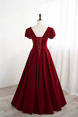 Summer Wedding Color, Burgundy Velvet Velvet Long Prom Dress, Cute Short Sleeve Party Dress