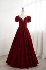 Gala Dress, Burgundy Velvet Velvet Long Prom Dress, Cute Short Sleeve Party Dress