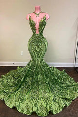 Prom Dresses Modest, Exquisite Green V-neck Sequins Sleeveless Floor-length Mermaid Prom Dresses