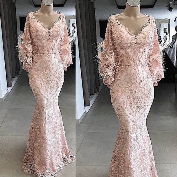 Wedding Color Palette, feather evening dresses long pink lace applique v neck modest elegant mermaid luxury evening gown