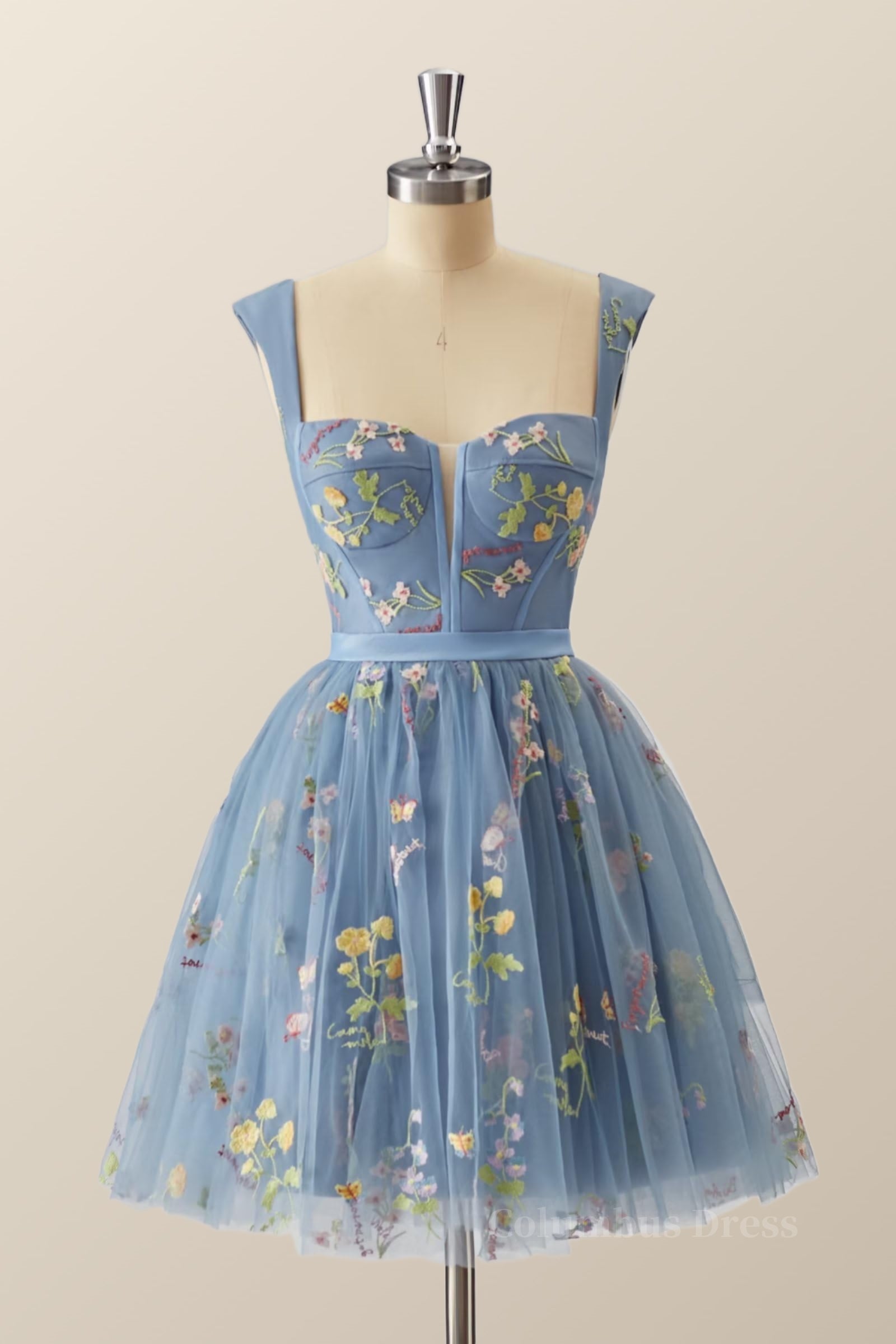 Prom Dress Styles, Cap Sleeves Blue Floral A-line Short Dress