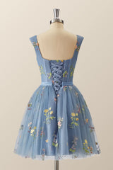 Prom Dress Style, Cap Sleeves Blue Floral A-line Short Dress