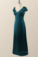 Prom Dress Design, Cap Sleeves Dark Green Satin Long Bridesmaid Dress