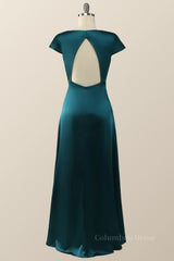 Prom Dress Designers, Cap Sleeves Dark Green Satin Long Bridesmaid Dress